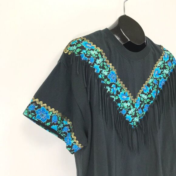 Vintage Hanes Floral Fringe Short Sleeve Tee Adult Size XL Black Embellished 90s - Picture 2 of 12